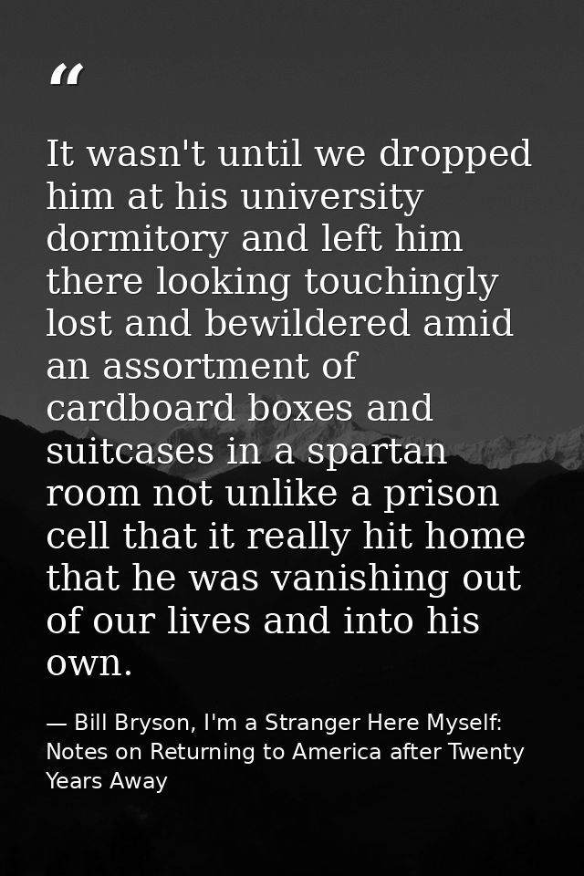 It wasn't until we dropped him at his university dormitory and left him there looking touchingly lost and bewildered ami — Bill Bryson, I'm a Stranger Here Myself: Notes on Returning to America after Twenty Years Away