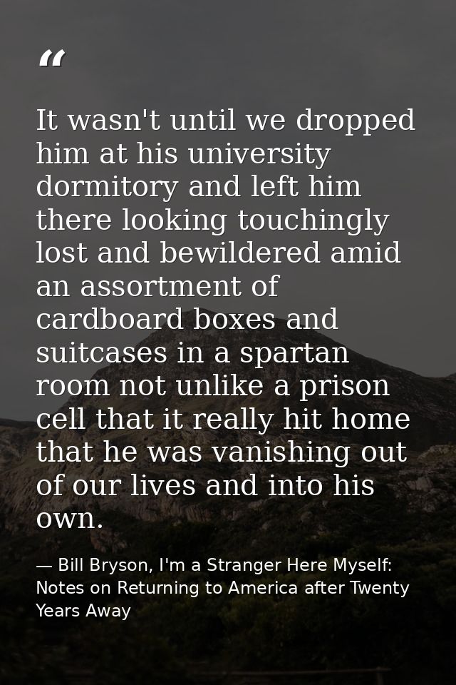 It wasn't until we dropped him at his university dormitory and left him there looking touchingly lost and bewildered ami — Bill Bryson, I'm a Stranger Here Myself: Notes on Returning to America after Twenty Years Away