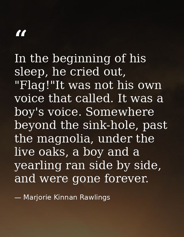 In the beginning of his sleep, he cried out, "Flag!"It was not his own voice that called. It was a boy's voice. Somewher — Marjorie Kinnan Rawlings