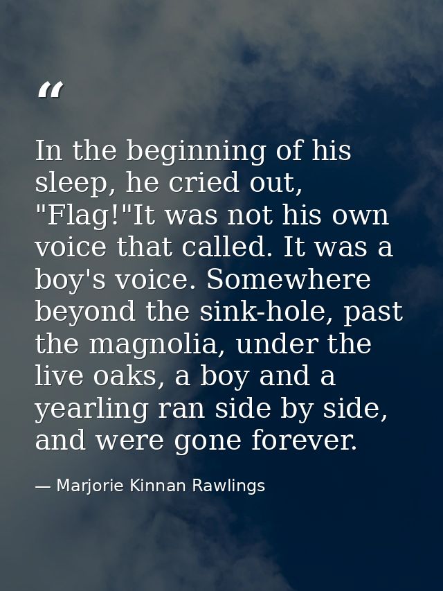 In the beginning of his sleep, he cried out, "Flag!"It was not his own voice that called. It was a boy's voice. Somewher — Marjorie Kinnan Rawlings