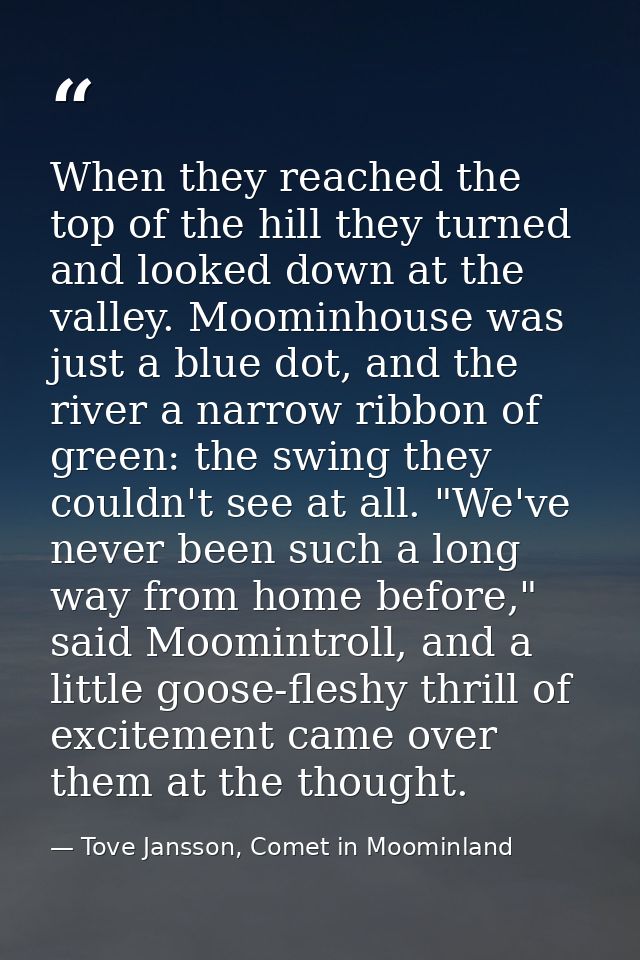 When they reached the top of the hill they turned and looked down at the valley. Moominhouse was just a blue dot, and th — Tove Jansson, Comet in Moominland