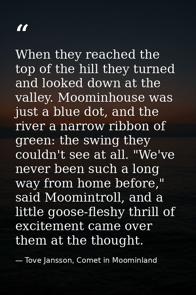When they reached the top of the hill they turned and looked down at the valley. Moominhouse was just a blue dot, and th — Tove Jansson, Comet in Moominland