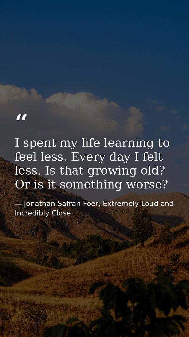 I spent my life learning to feel less. Every day I felt less. Is that growing old? Or is it something worse? — Jonathan Safran Foer, Extremely Loud and Incredibly Close