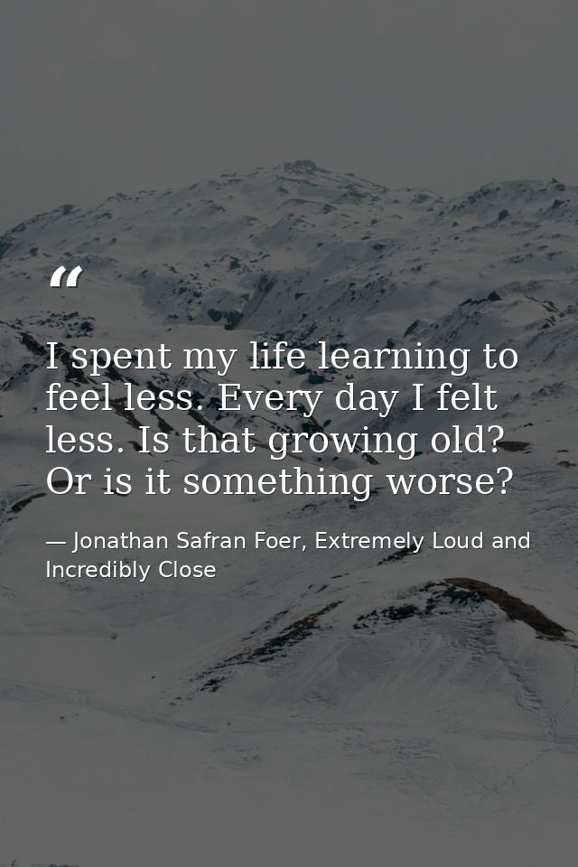 I spent my life learning to feel less. Every day I felt less. Is that growing old? Or is it something worse? — Jonathan Safran Foer, Extremely Loud and Incredibly Close