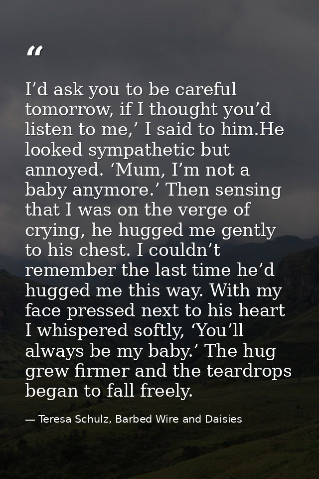 I’d ask you to be careful tomorrow, if I thought you’d listen to me,’ I said to him.He looked sympathetic but annoyed. ‘ — Teresa Schulz, Barbed Wire and Daisies