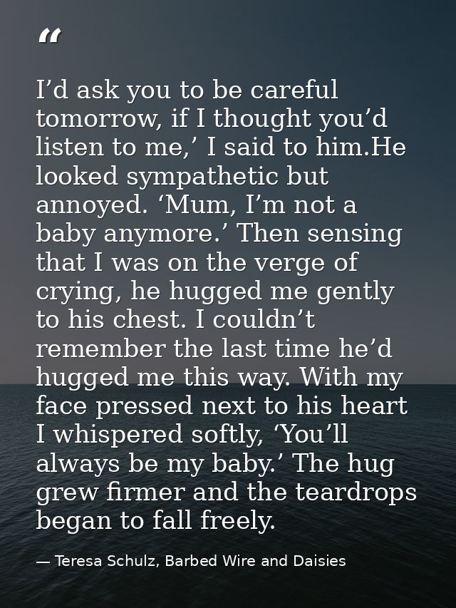 I’d ask you to be careful tomorrow, if I thought you’d listen to me,’ I said to him.He looked sympathetic but annoyed. ‘ — Teresa Schulz, Barbed Wire and Daisies