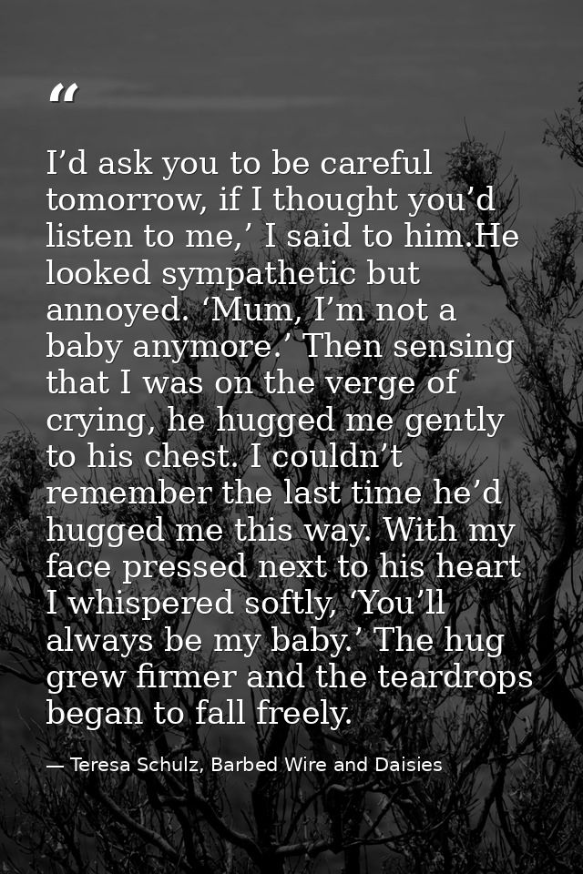 I’d ask you to be careful tomorrow, if I thought you’d listen to me,’ I said to him.He looked sympathetic but annoyed. ‘ — Teresa Schulz, Barbed Wire and Daisies