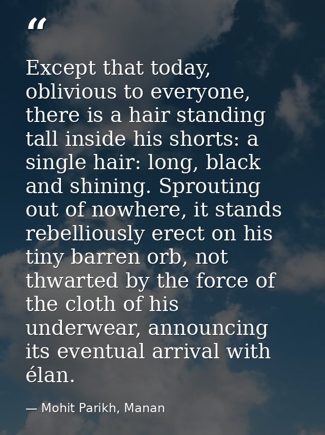Except that today, oblivious to everyone, there is a hair standing tall inside his shorts: a single hair: long, black an — Mohit Parikh, Manan