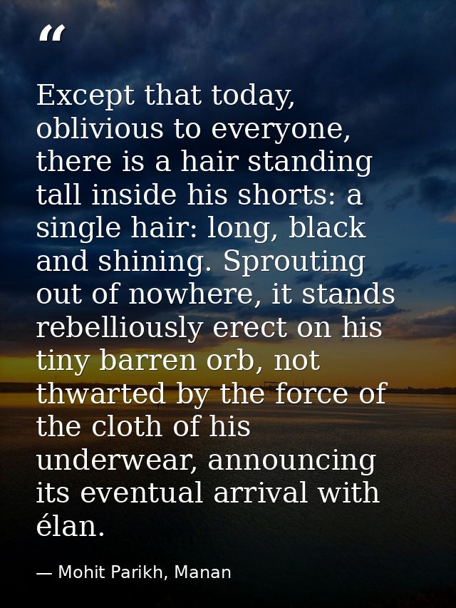 Except that today, oblivious to everyone, there is a hair standing tall inside his shorts: a single hair: long, black an — Mohit Parikh, Manan