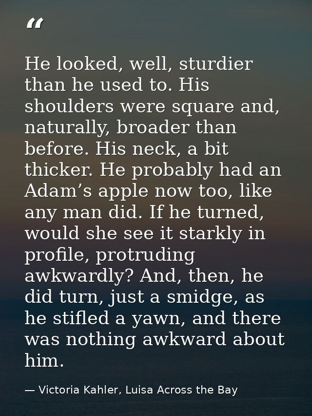 He looked, well, sturdier than he used to. His shoulders were square and, naturally, broader than before. His neck, a bi — Victoria Kahler, Luisa Across the Bay