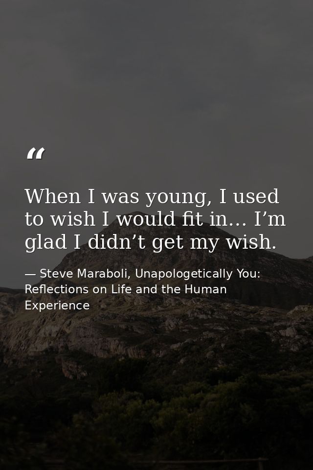 When I was young, I used to wish I would fit in… I’m glad I didn’t get my wish. — Steve Maraboli, Unapologetically You: Reflections on Life and the Human Experience