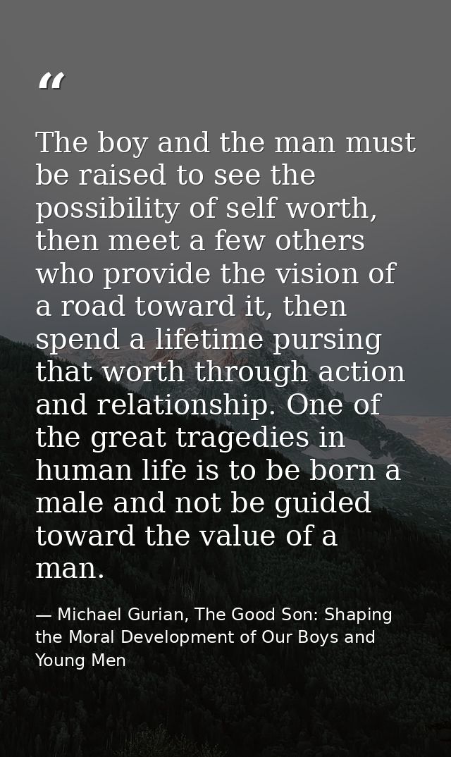 The boy and the man must be raised to see the possibility of self worth, then meet a few others who provide the vision o — Michael Gurian, The Good Son: Shaping the Moral Development of Our Boys and Young Men
