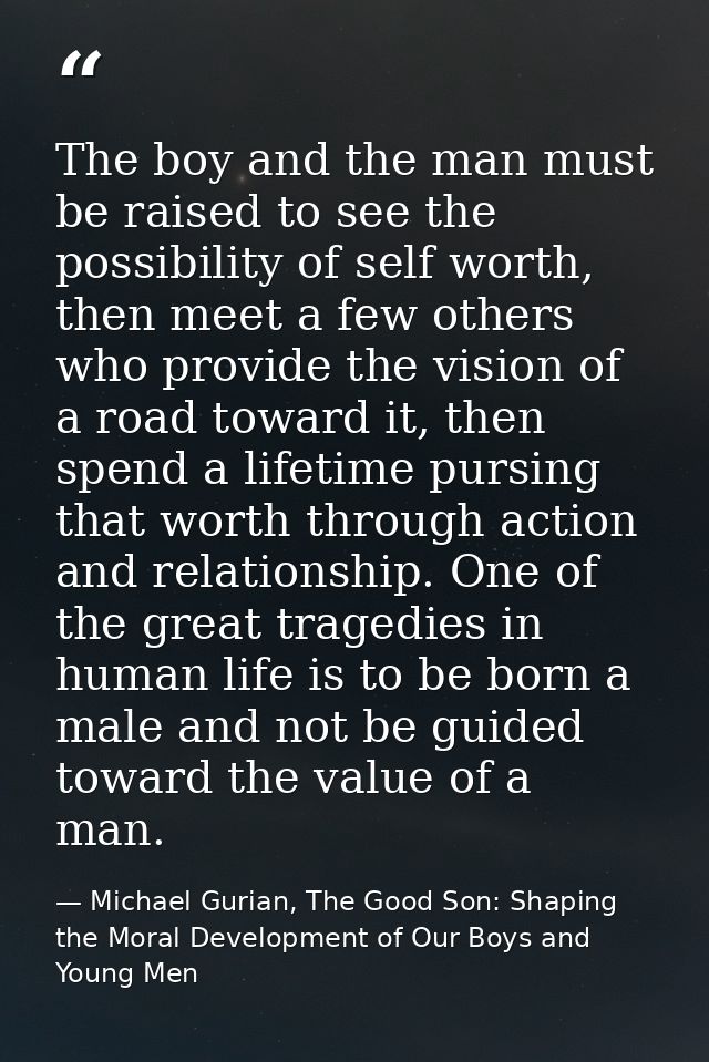 The boy and the man must be raised to see the possibility of self worth, then meet a few others who provide the vision o — Michael Gurian, The Good Son: Shaping the Moral Development of Our Boys and Young Men