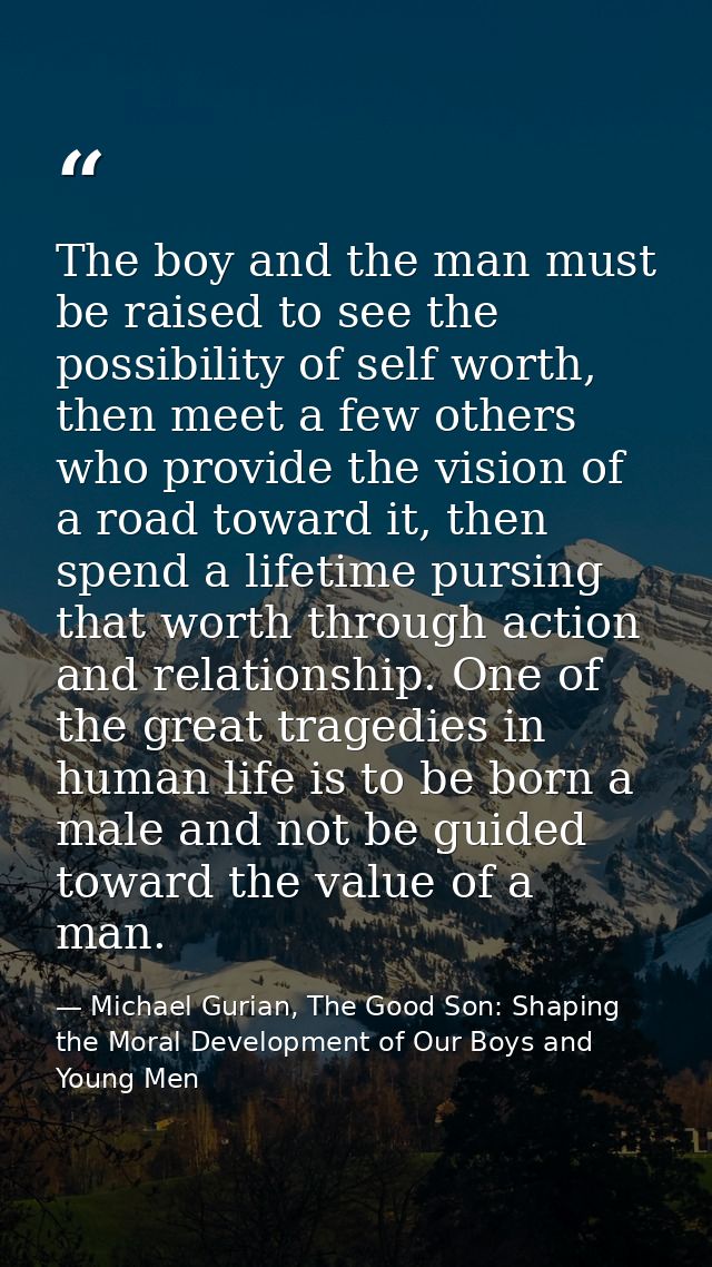 The boy and the man must be raised to see the possibility of self worth, then meet a few others who provide the vision o — Michael Gurian, The Good Son: Shaping the Moral Development of Our Boys and Young Men