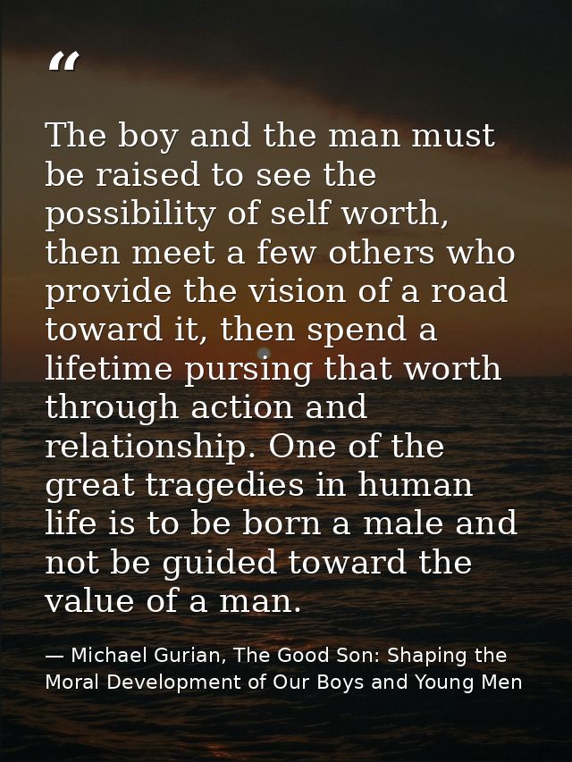 The boy and the man must be raised to see the possibility of self worth, then meet a few others who provide the vision o — Michael Gurian, The Good Son: Shaping the Moral Development of Our Boys and Young Men