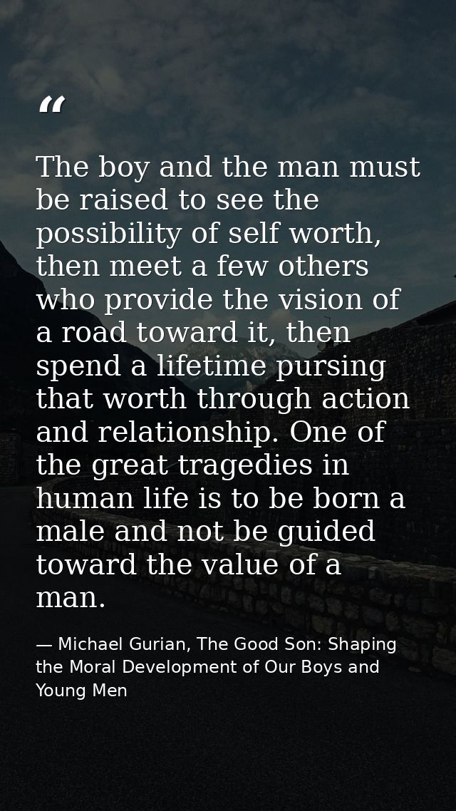 The boy and the man must be raised to see the possibility of self worth, then meet a few others who provide the vision o — Michael Gurian, The Good Son: Shaping the Moral Development of Our Boys and Young Men