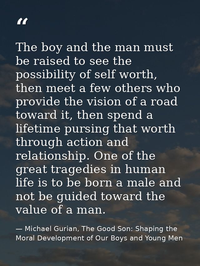 The boy and the man must be raised to see the possibility of self worth, then meet a few others who provide the vision o — Michael Gurian, The Good Son: Shaping the Moral Development of Our Boys and Young Men