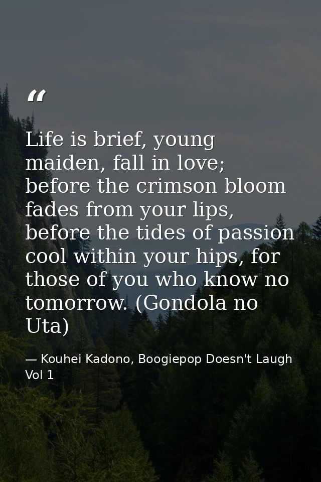 Life is brief, young maiden, fall in love; before the crimson bloom fades from your lips, before the tides of passion co — Kouhei Kadono, Boogiepop Doesn't Laugh Vol 1