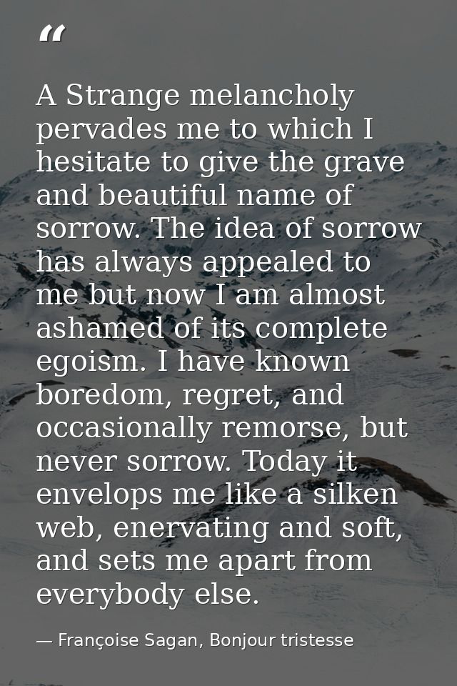 A Strange melancholy pervades me to which I hesitate to give the grave and beautiful name of sorrow. The idea of sorrow  — Françoise Sagan, Bonjour tristesse