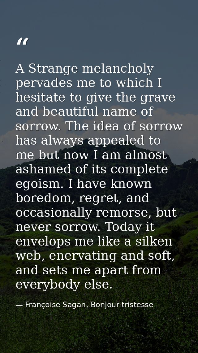 A Strange melancholy pervades me to which I hesitate to give the grave and beautiful name of sorrow. The idea of sorrow  — Françoise Sagan, Bonjour tristesse