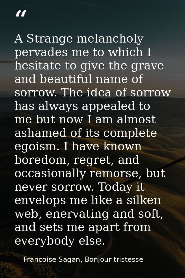 A Strange melancholy pervades me to which I hesitate to give the grave and beautiful name of sorrow. The idea of sorrow  — Françoise Sagan, Bonjour tristesse