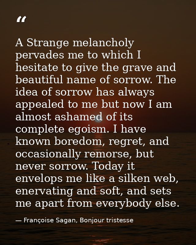A Strange melancholy pervades me to which I hesitate to give the grave and beautiful name of sorrow. The idea of sorrow  — Françoise Sagan, Bonjour tristesse