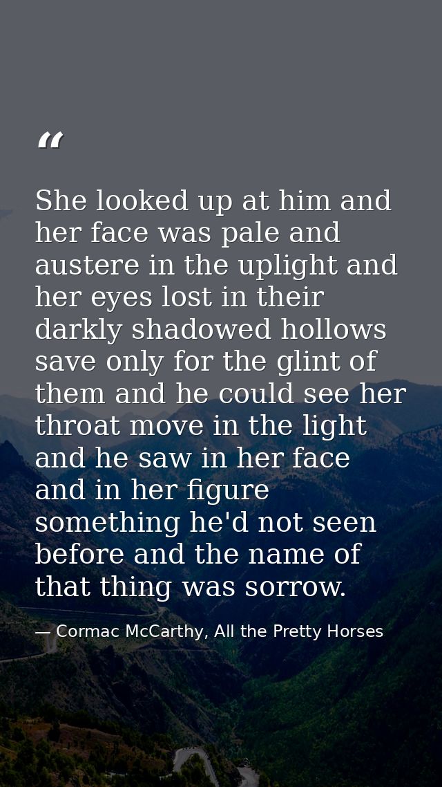 She looked up at him and her face was pale and austere in the uplight and her eyes lost in their darkly shadowed hollows — Cormac McCarthy, All the Pretty Horses