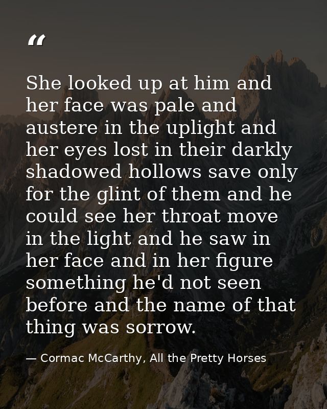 She looked up at him and her face was pale and austere in the uplight and her eyes lost in their darkly shadowed hollows — Cormac McCarthy, All the Pretty Horses
