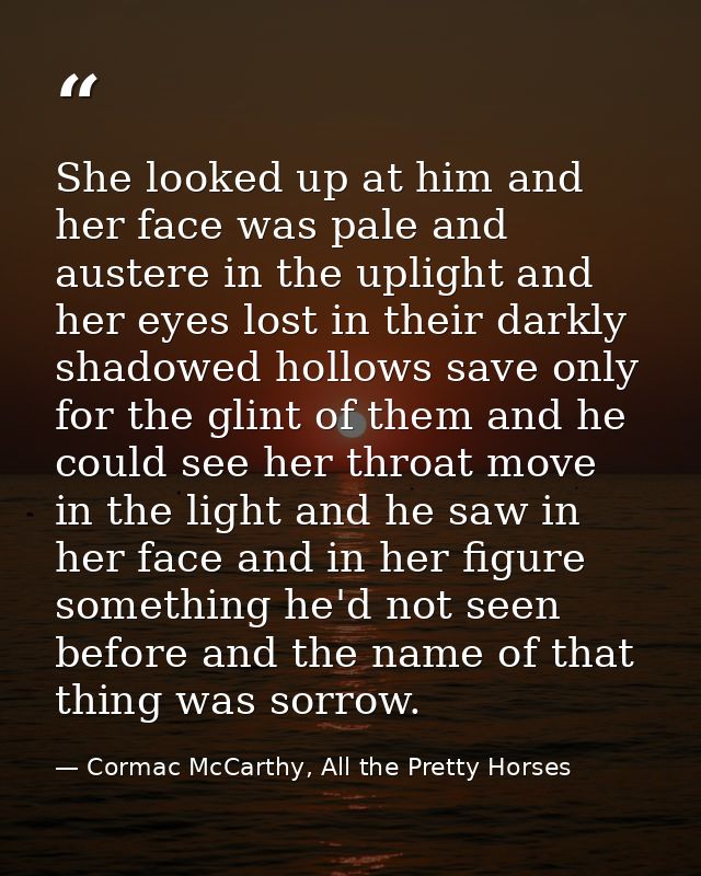 She looked up at him and her face was pale and austere in the uplight and her eyes lost in their darkly shadowed hollows — Cormac McCarthy, All the Pretty Horses