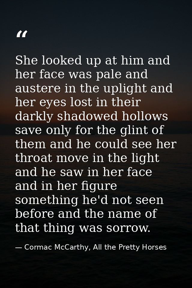 She looked up at him and her face was pale and austere in the uplight and her eyes lost in their darkly shadowed hollows — Cormac McCarthy, All the Pretty Horses