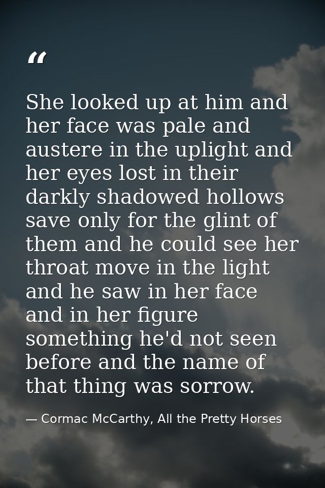 She looked up at him and her face was pale and austere in the uplight and her eyes lost in their darkly shadowed hollows — Cormac McCarthy, All the Pretty Horses