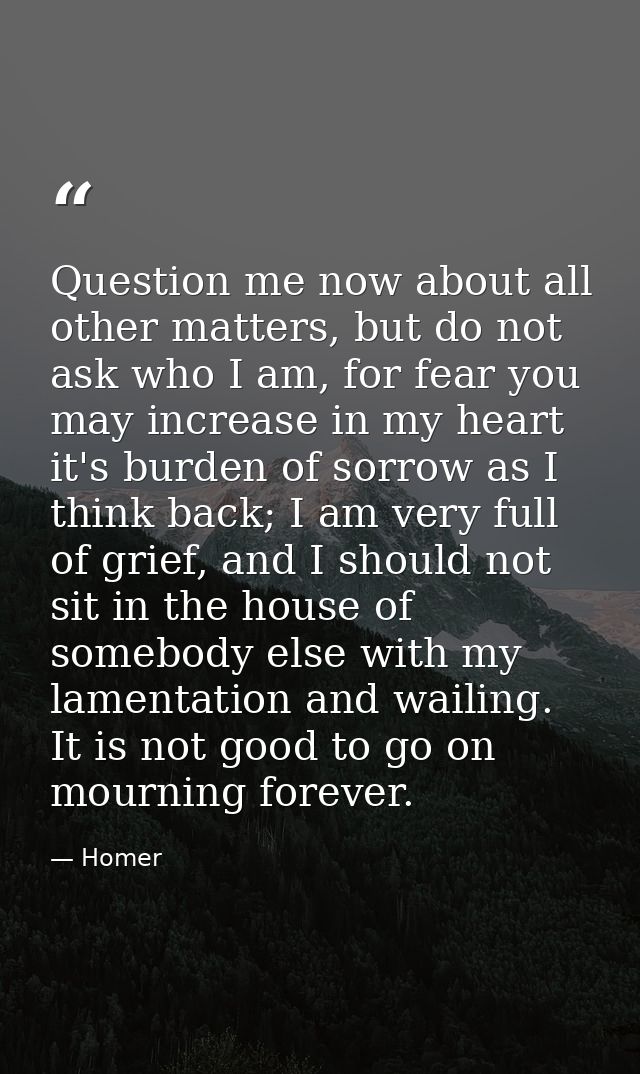 Question me now about all other matters, but do not ask who I am, for fear you may increase in my heart it's burden of s — Homer