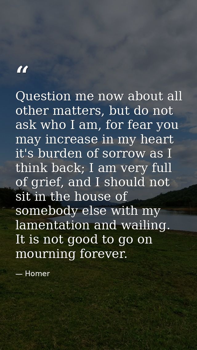 Question me now about all other matters, but do not ask who I am, for fear you may increase in my heart it's burden of s — Homer