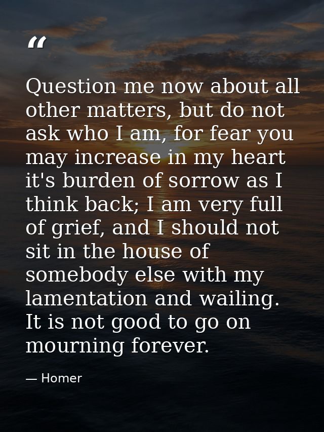 Question me now about all other matters, but do not ask who I am, for fear you may increase in my heart it's burden of s — Homer