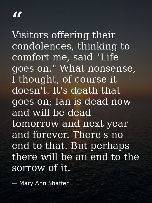 Visitors offering their condolences, thinking to comfort me, said "Life goes on." What nonsense, I thought, of course it — Mary Ann Shaffer