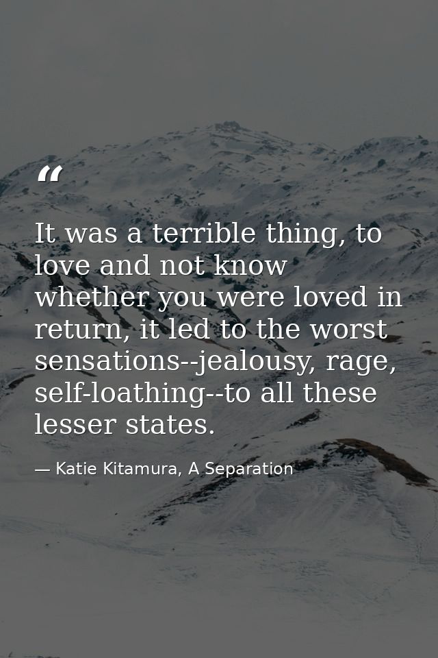 It was a terrible thing, to love and not know whether you were loved in return, it led to the worst sensations--jealousy — Katie Kitamura, A Separation