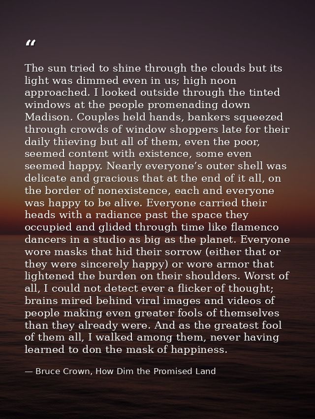 The sun tried to shine through the clouds but its light was dimmed even in us; high noon approached. I looked outside th — Bruce Crown, How Dim the Promised Land