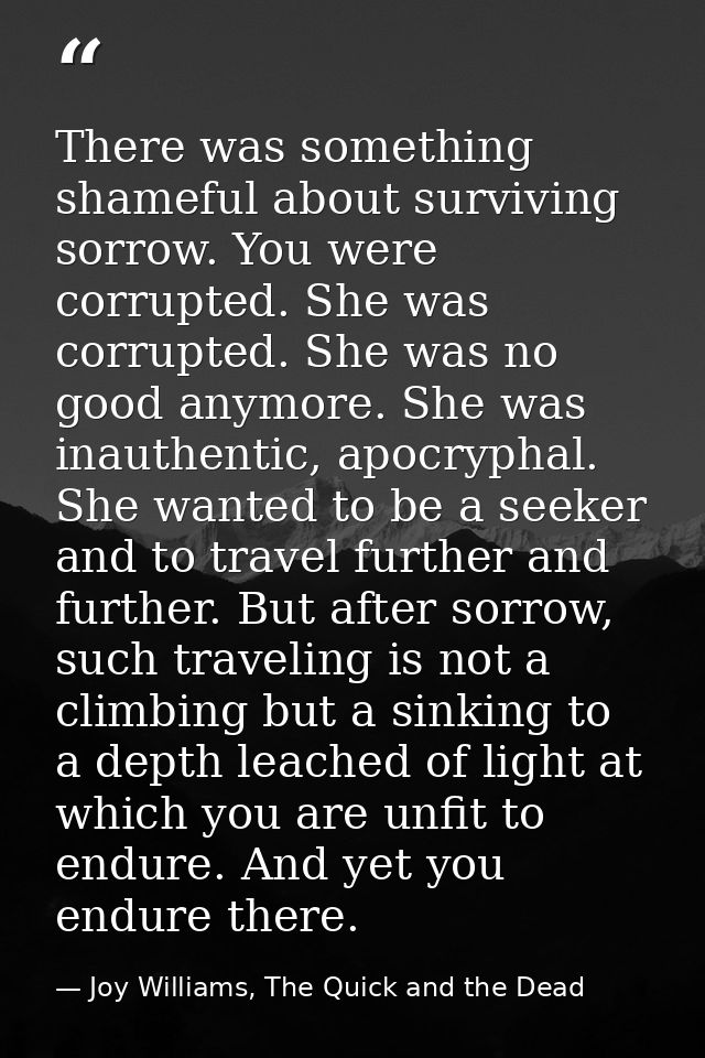 There was something shameful about surviving sorrow. You were corrupted. She was corrupted. She was no good anymore. She — Joy Williams, The Quick and the Dead
