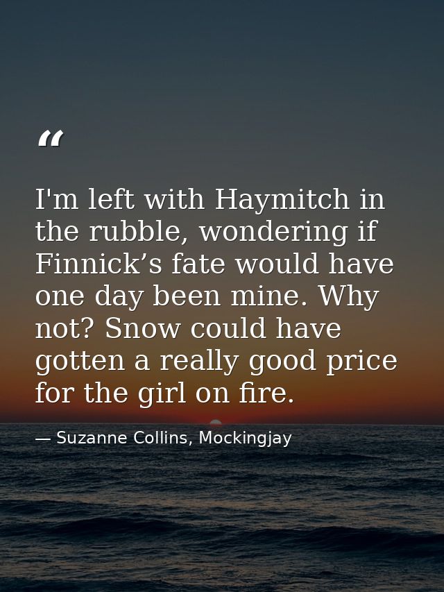 I'm left with Haymitch in the rubble, wondering if Finnick’s fate would have one day been mine. Why not? Snow could have — Suzanne Collins, Mockingjay