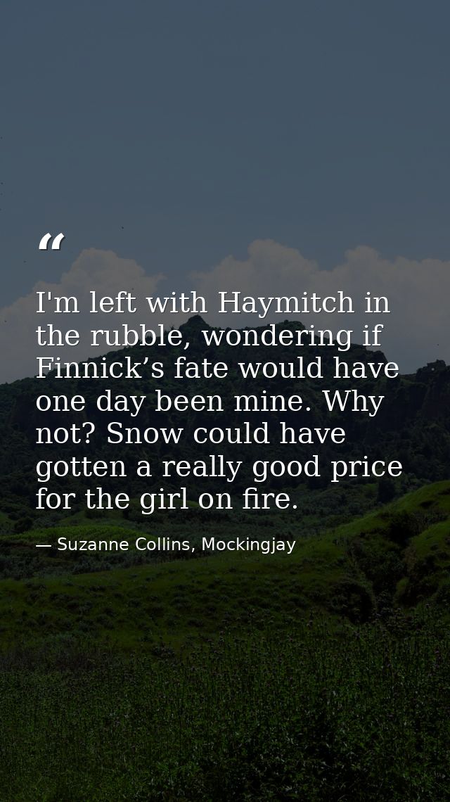 I'm left with Haymitch in the rubble, wondering if Finnick’s fate would have one day been mine. Why not? Snow could have — Suzanne Collins, Mockingjay