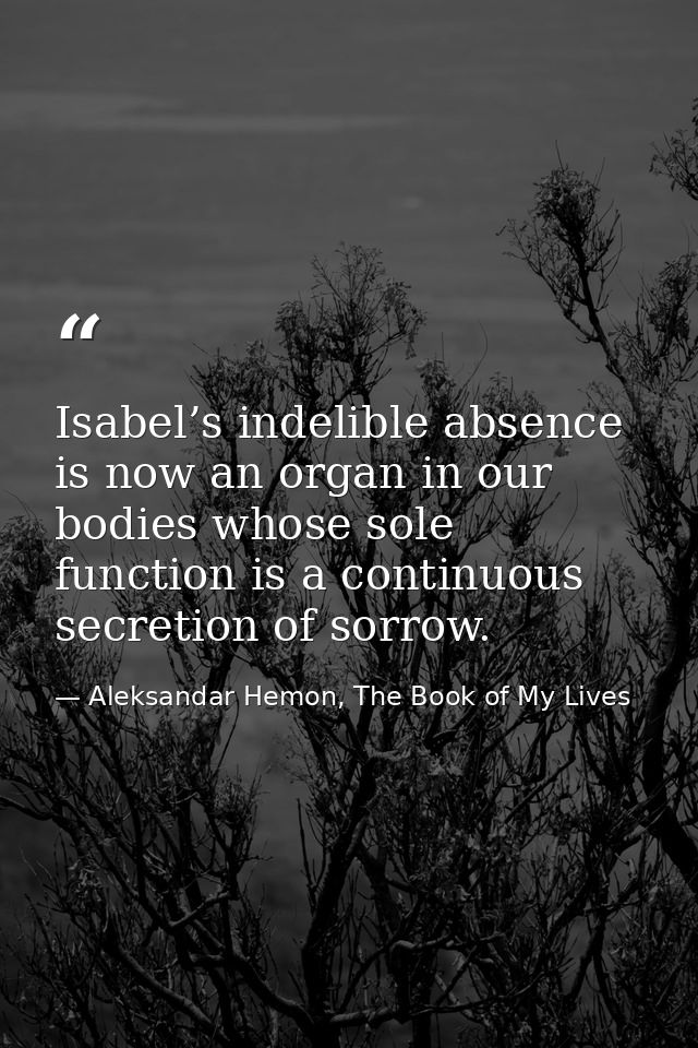 Isabel’s indelible absence is now an organ in our bodies whose sole function is a continuous secretion of sorrow. — Aleksandar Hemon, The Book of My Lives