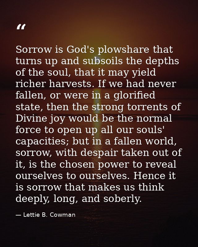 Sorrow is God's plowshare that turns up and subsoils the depths of the soul, that it may yield richer harvests. If we ha — Lettie B. Cowman