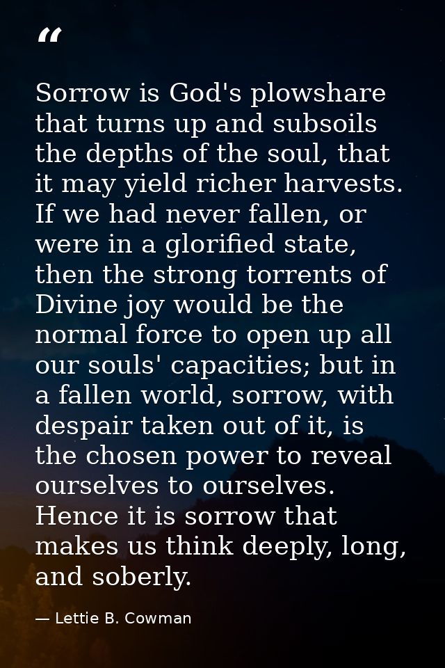 Sorrow is God's plowshare that turns up and subsoils the depths of the soul, that it may yield richer harvests. If we ha — Lettie B. Cowman