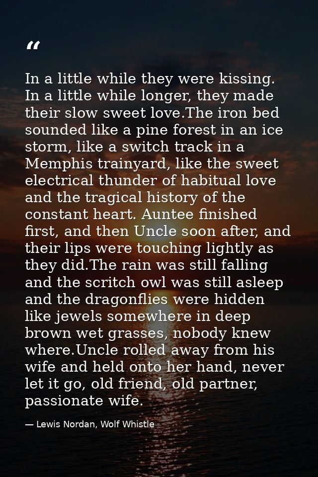 In a little while they were kissing. In a little while longer, they made their slow sweet love.The iron bed sounded like — Lewis Nordan, Wolf Whistle