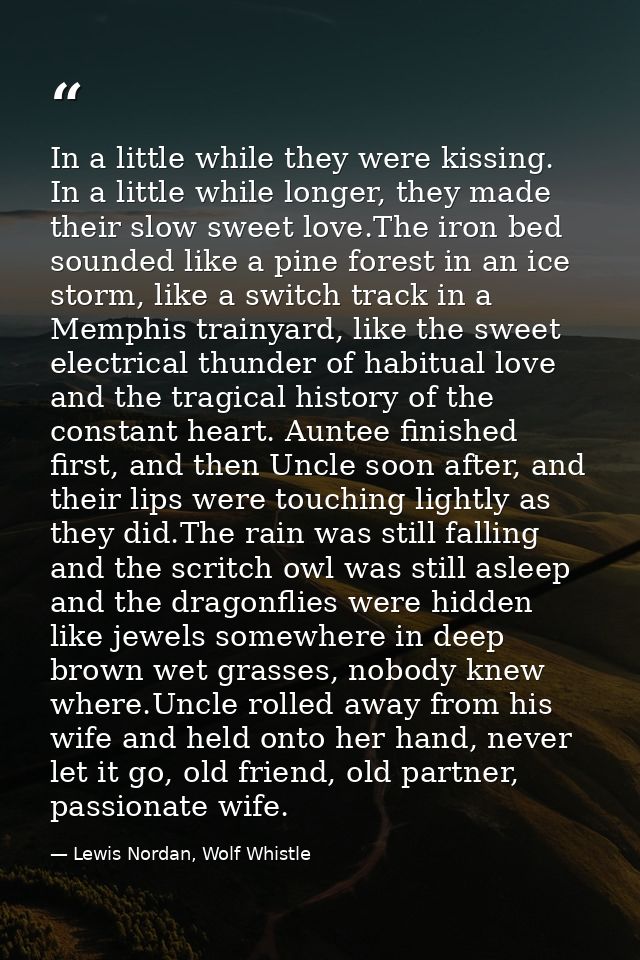 In a little while they were kissing. In a little while longer, they made their slow sweet love.The iron bed sounded like — Lewis Nordan, Wolf Whistle