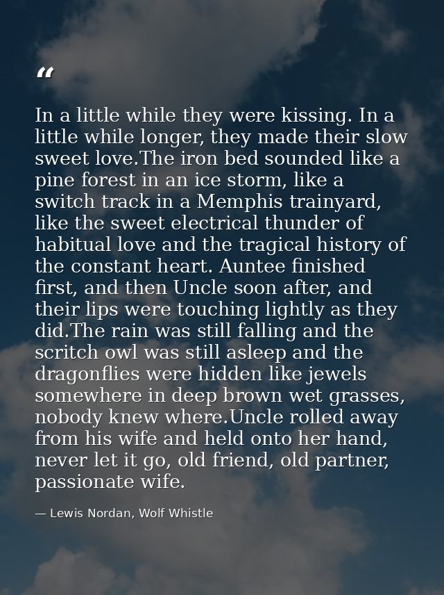 In a little while they were kissing. In a little while longer, they made their slow sweet love.The iron bed sounded like — Lewis Nordan, Wolf Whistle