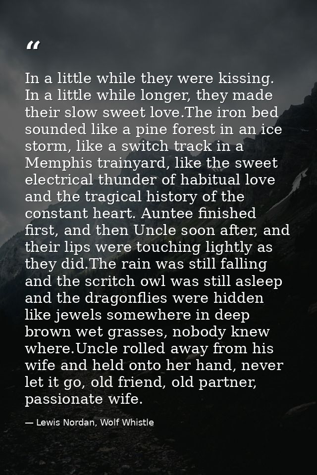 In a little while they were kissing. In a little while longer, they made their slow sweet love.The iron bed sounded like — Lewis Nordan, Wolf Whistle