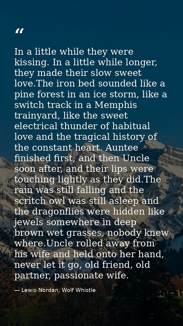 In a little while they were kissing. In a little while longer, they made their slow sweet love.The iron bed sounded like — Lewis Nordan, Wolf Whistle
