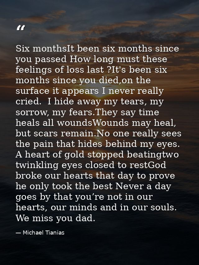 Six monthsIt been six months since you passed How long must these feelings of loss last ?It's been six months since you  — Michael Tianias