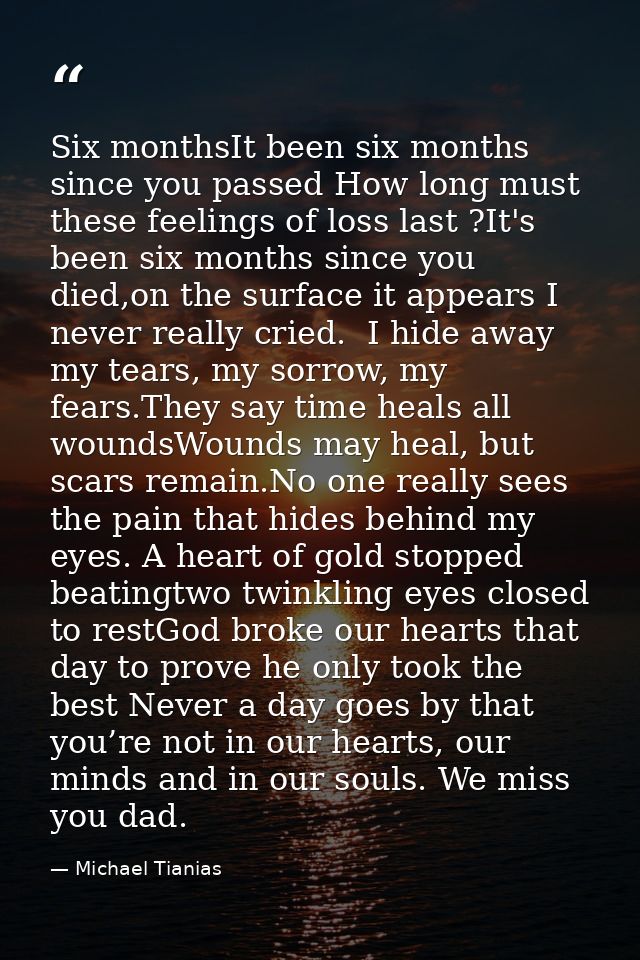 Six monthsIt been six months since you passed How long must these feelings of loss last ?It's been six months since you  — Michael Tianias
